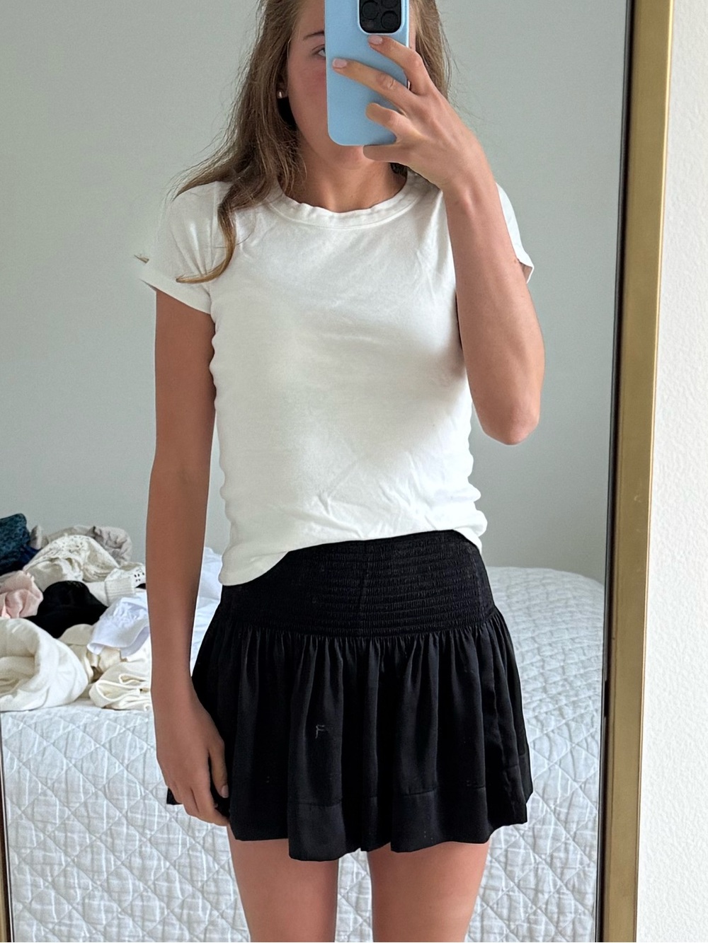 Black Smocked Mini Skirt with Flared Hem - Women's Mini Skirt